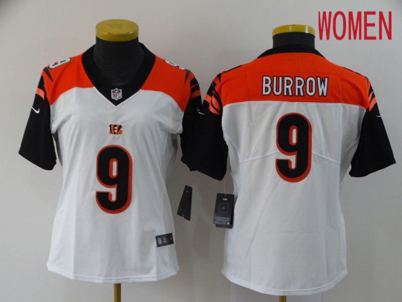 Women Cincinnati Bengals 9 Burrow White Nike Vapor Untouchable Stitched Limited NFL Jerseys